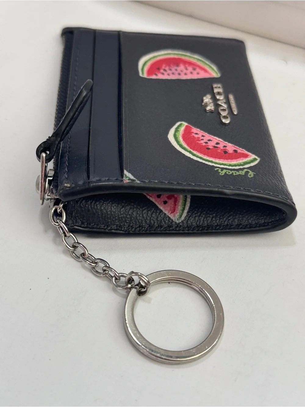 Coach Black Leather Card Holder with Watermelon Motif and Key Ring